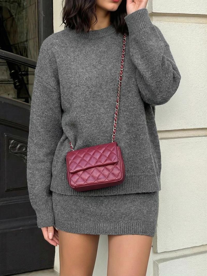 Autumn Winter Women's Stylish Commuter Two-Piece Set, Casual Elegance with Knitted Top and Skirt, Perfect for Fashionable Outings