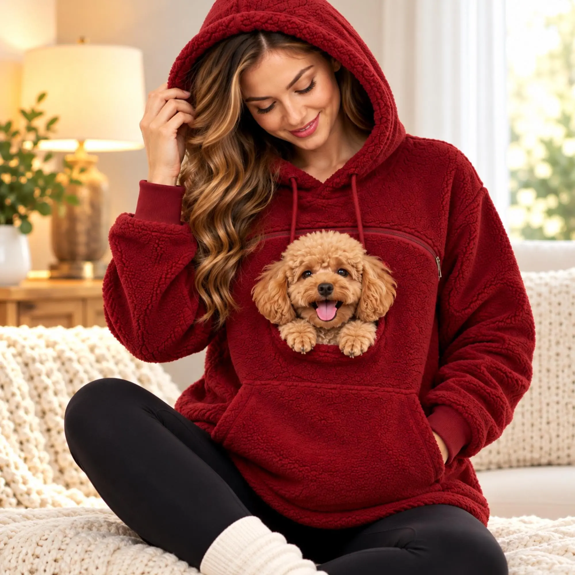 Women's Fuzzy Pet Pouch Hoodie, Oversized Burgundy Teddy Fleece Pullover Sweatshirt with Front Dog Pocket, Cozy Warm Winter Hoodie for Small Dogs and Pet Lovers