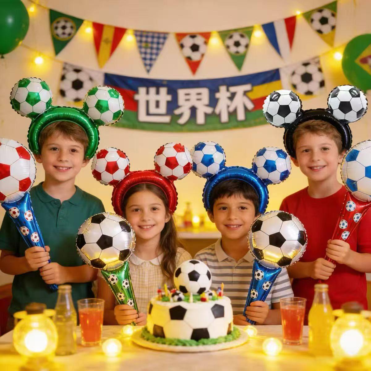 8pcs 2026 World Cup-themed Set of 4 Soccer-Shaped Headbands and 4 Handheld Cheer Sticks with Foil Balloons—World Cup Party Decorations, Props, and Photo Backdrops