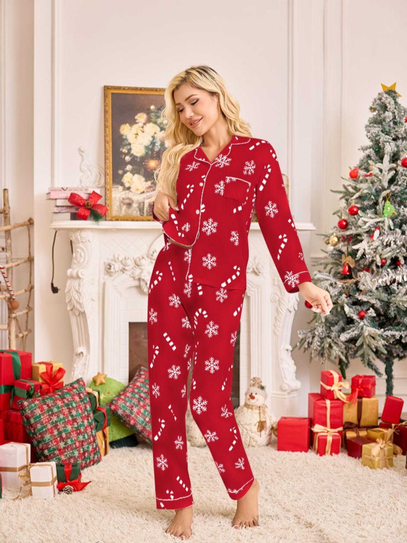 Women's Snowflake Cane Christmas Print Pajama Set, Long Sleeve Sleepwear, Comfortable Nightwear, All Seasons, Perfect Gift, Pyjamas, Pajamas Lounge Set