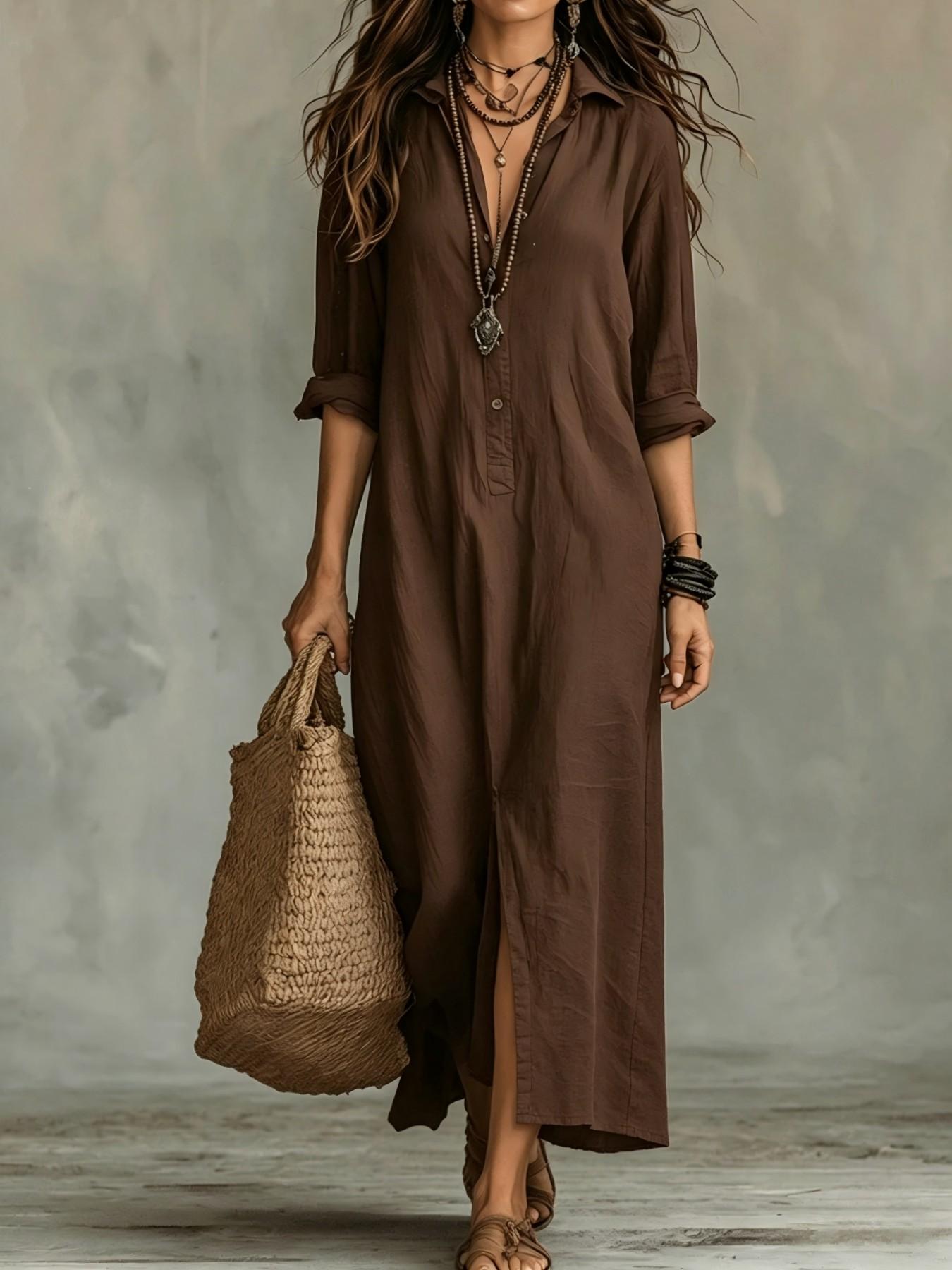 2026 Spring Summer Cross-Border Casual Solid Color Notched Lapel Front Split Long Dress, Trendy Women's Fashion, Comfortable & Stylish