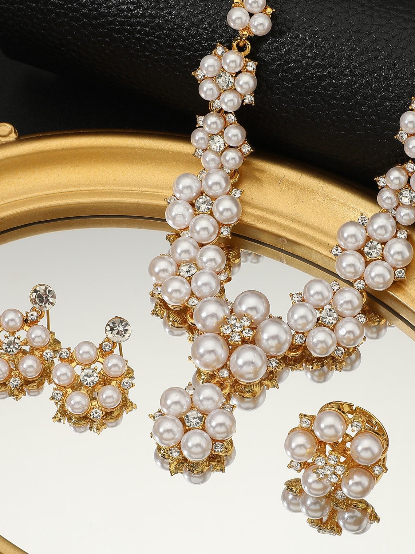 French Elegance Pearl Three-Piece Set, 18k Gold Plated Necklace Earrings Ring, Casual All-Season Accessories, Choker Chain Material