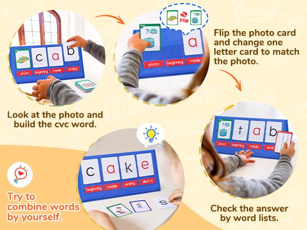 Word Building Desktop Pocket Chart Tent Flash Cards Kit, CVC Words Phonics Games Blending Board for Spelling, Language Learning, Educational Material
