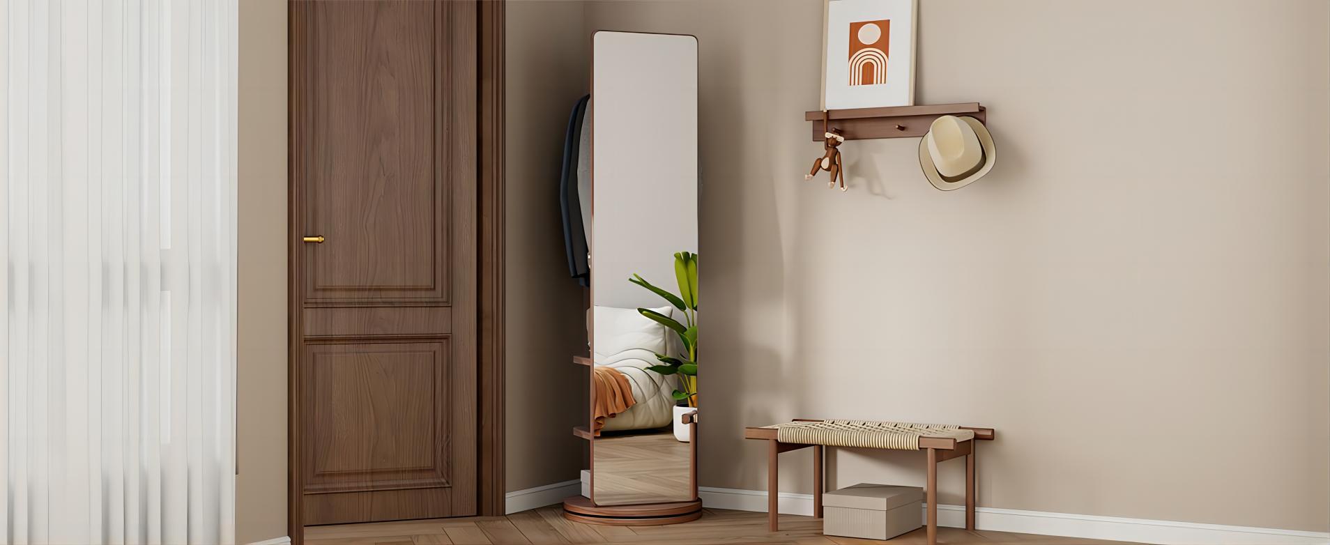 68.8x19.6in Modern Rectangle Walnut Solid Wood 360° Rotating Multifunctional Standing Mirror - Storage, Double-Layered Enlarged Base, Hook Hanging & Coat Rack, Eco-Friendly Decoration for Bedroom, Home Gym 68.8x19.6in Modern Rectangle Walnut Solid Wood 360° Rotating Multifunctional Standing Mirror - Storage, Double-Layered Enlarged Base, Hook Hanging & Coat Rack, Eco-Friendly Decoration for Bedroom, Home Gym