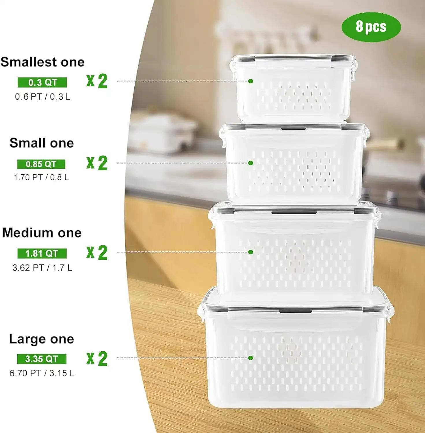 4 /8Pack Double Drainage Fruit Vegetable Storage Containers, Kitchen Organizer Bins, Durable Portable Household Food Storage Boxes, Keep Berries, Lettuce, Salad, Meat Fresh