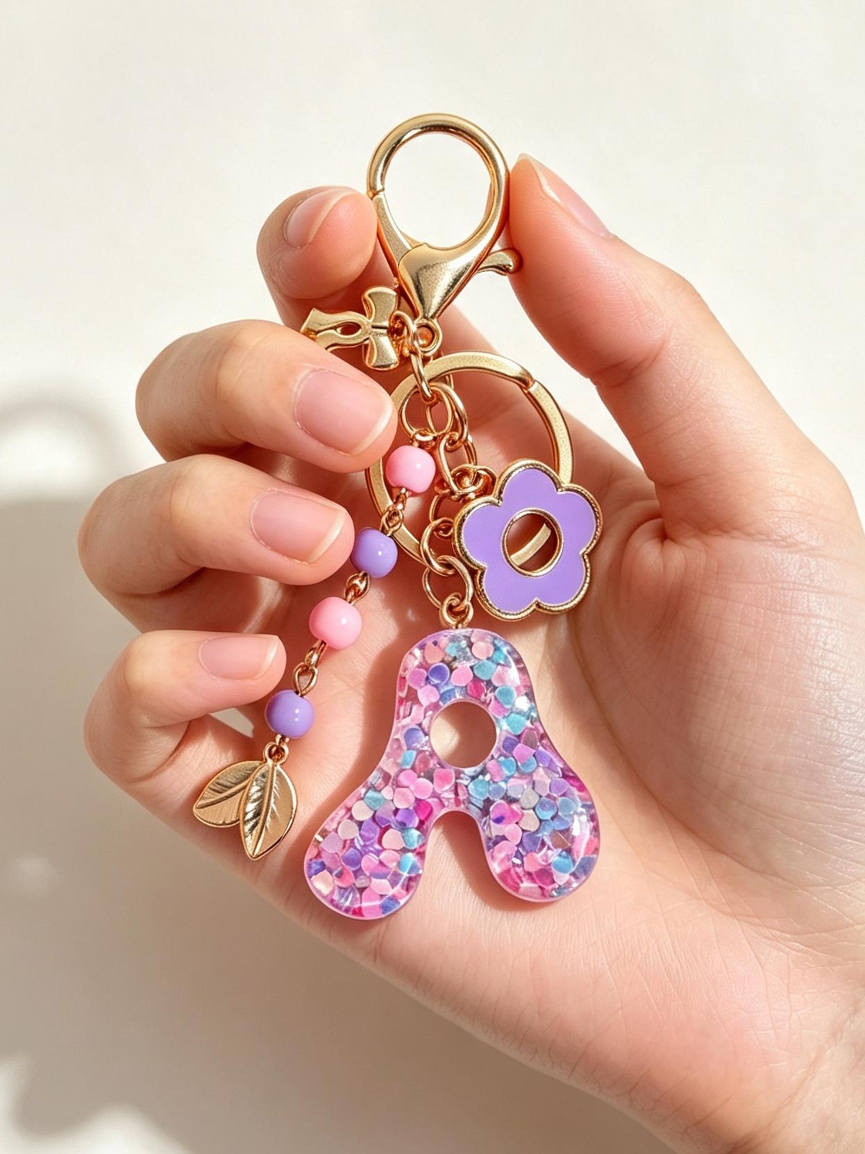 Floral Letter Keychain, Sparkly Tassel Pendant, High-End Unique Design, Birthday Gift for Couples, Student Backpack Charm, Car Key Decor
