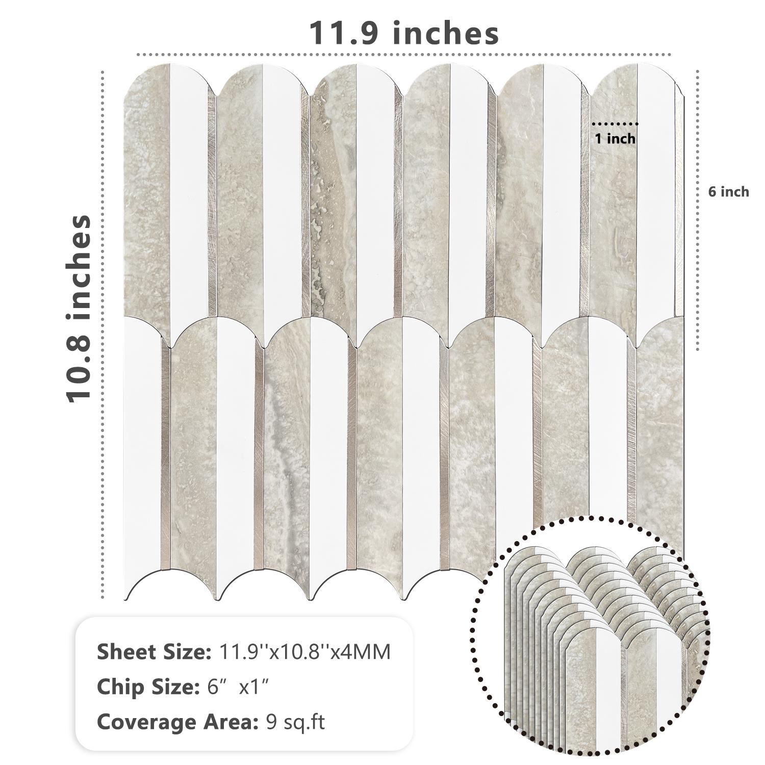 Vamos Tile 10pcs Peel and Stick Backsplash Seamless Tile for Kitchen and Bathroom, Self Adhesive Fish Scale Metal Mosaic Tiles - White and Beige Slate Vinyl Oval
