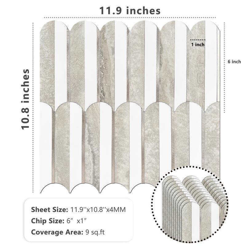 Vamos Tile 10pcs Peel and Stick Backsplash Seamless Tile for Kitchen and Bathroom, Self Adhesive Fish Scale Metal Mosaic Tiles - White and Beige Slate Vinyl Oval