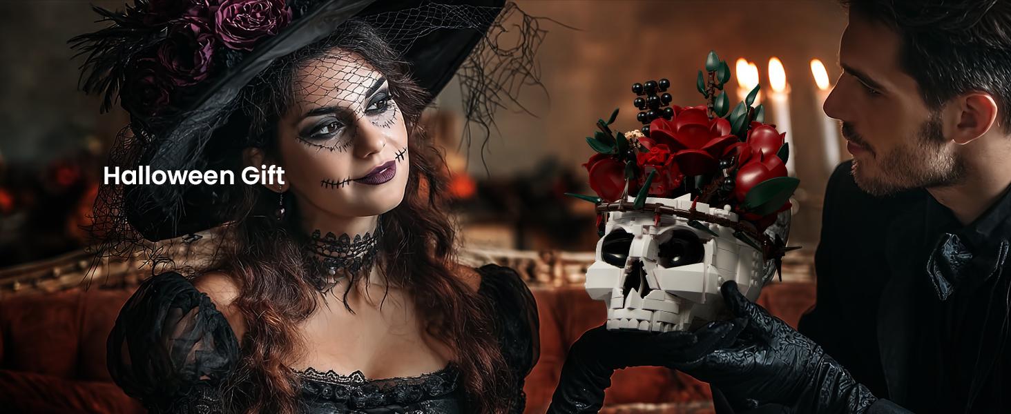 Supreowls Skull Roses Flower Bouquet Building Set, Botanical Collection Kit for Adult Women, Gift for Valentines Day for Her/Girlfriend/Mom/Wife/Couple, Goth Horror Skeleton Pot Home Table Decor Aesthetic