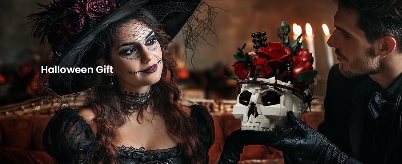 Supreowls Skull Roses Flower Bouquet Building Set, Botanical Collection Kit for Adult Women, Gift for Valentines Day for Her/Girlfriend/Mom/Wife/Couple, Goth Horror Skeleton Pot Home Table Decor Aesthetic