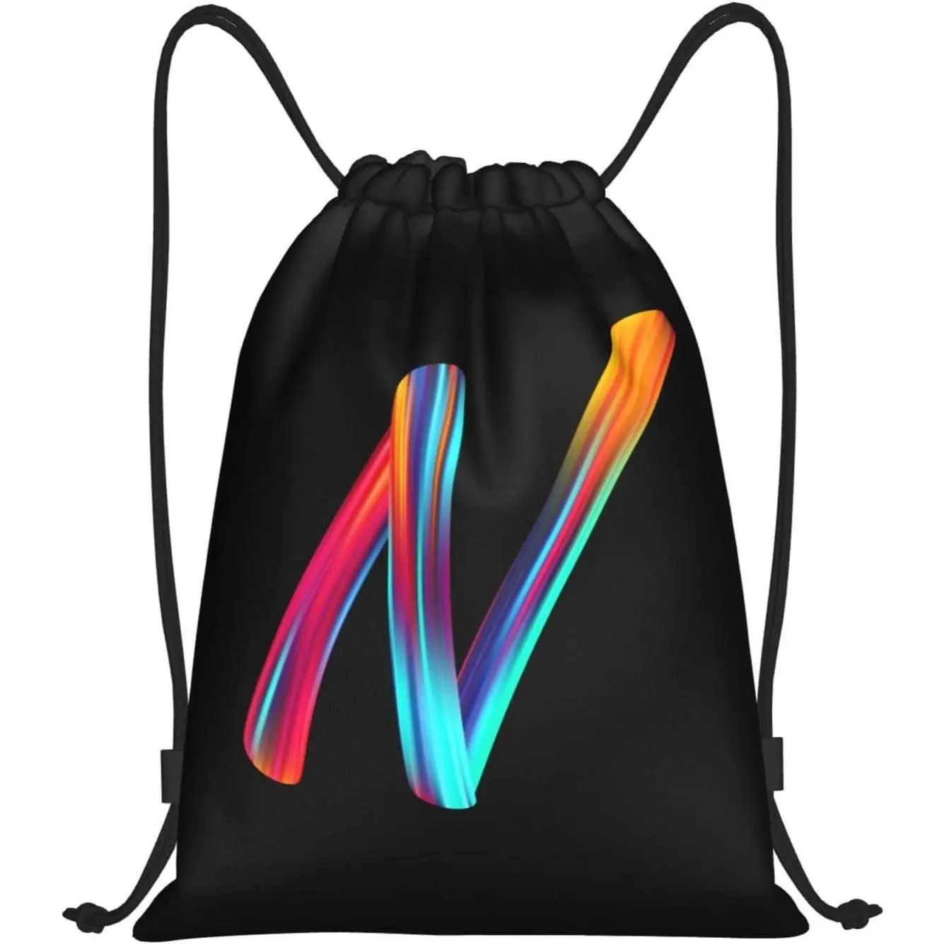 Black Initial Drawstring Backpack Sackpack with Rainbow Letter N for Sports, Gym, Travel, Swimming, Beach, Camping(Gift)