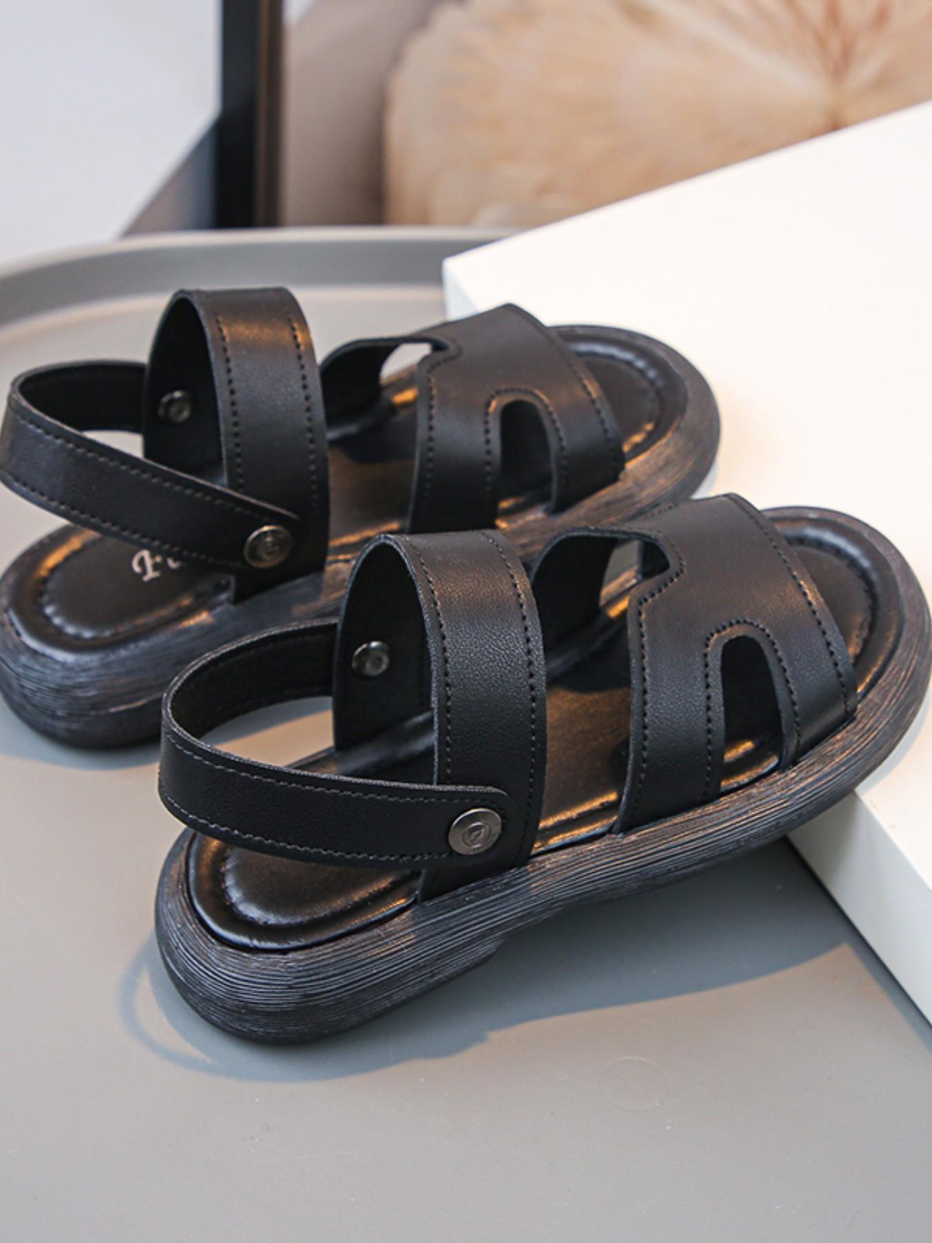 Sandals 6-12 Years, Unisex, Plain Design, Hook-And-Loop Soft Sole, Lightweight, Non-Slip, Open-Toe, Flat, Summer Wear