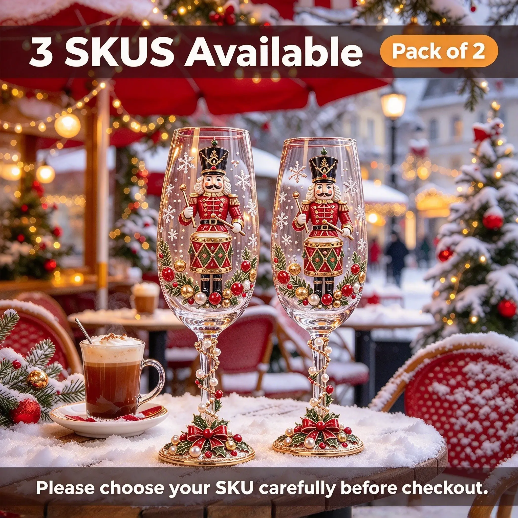 Christmas Nutcracker Wine Glass Set, Pack of 2, 3 SKUs Available, Hand Painted Nutcracker Soldier Playing Drum, Snowflake, Holly & Red Berry Pattern, Long Stem Clear Goblet with Pearl Decor on Stem, Perfect Table Decor for Xmas Holiday Party, Unique Festi