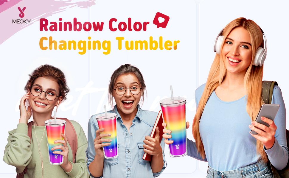 Meoky 24oz color changing cup with lid and straw, straw brush and cup brush, leak-proof plug, Tritan material, suitable for self-driving travel, family activities, gifts Tumbler Washable