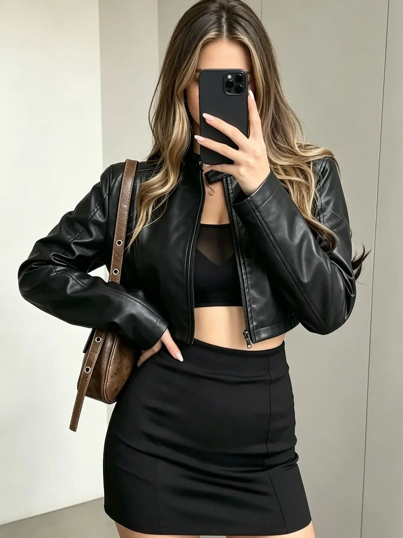 A fashionable and cool women's stand up collar zipper short jacket Outerwear with a spicy girl style, suitable for street outings, night dates, best friend gatherings, urban shopping, music festivals, and daily layering