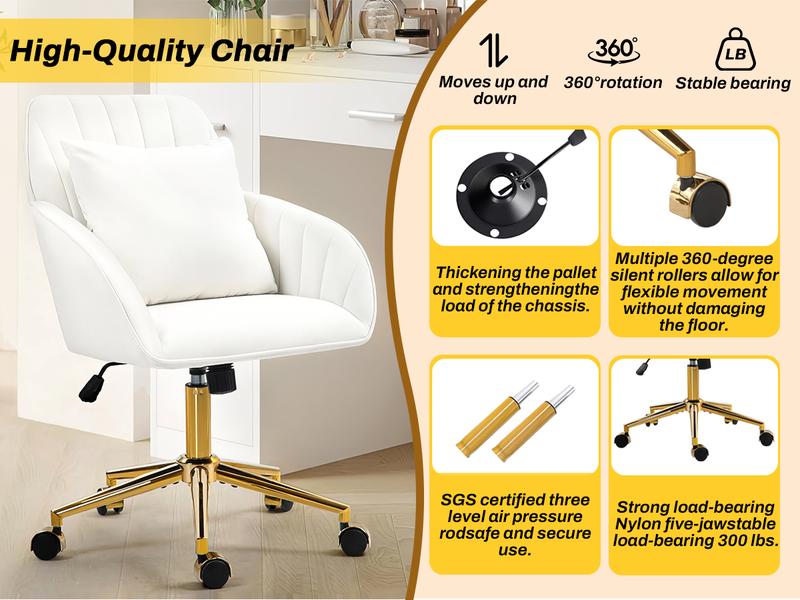 Home Office Desk Chair Comfy with Adjustable Swivel Wheels, Modern Velvet Makeup Vanity Chair with Back & Pillow, Ergonomic Office Chair Computer Task Chair for Living Room, Bedroom