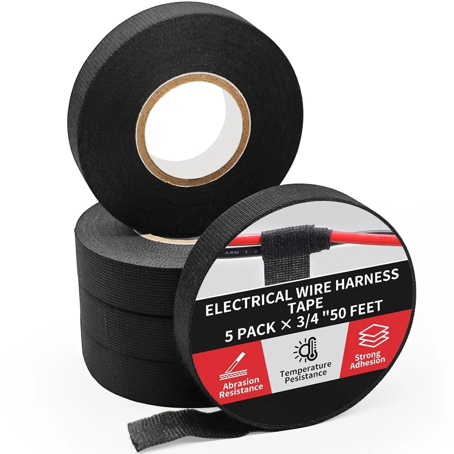 Wire Harness Automotive Cloth Tape, Adhesive High Noise Resistance Heat Proof,  Fiber Fabric Electrical Tape for Wrapping Wiring Harness/Insulation (5 Rolls 3/4 Inch x 50 FT)