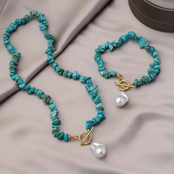 Women's 2-Piece Bohemian Jewelry Set, Baroque Pearl & Irregular Turquoise Beaded Pendants, Boho Charm for Beach Party & Casual Daily Matching, Baroque Pearls, Irregular Shape, Set Includes 2 Pcs, Turquoise Beads, Alloy Metal Chain, Boho Casual, Irregular