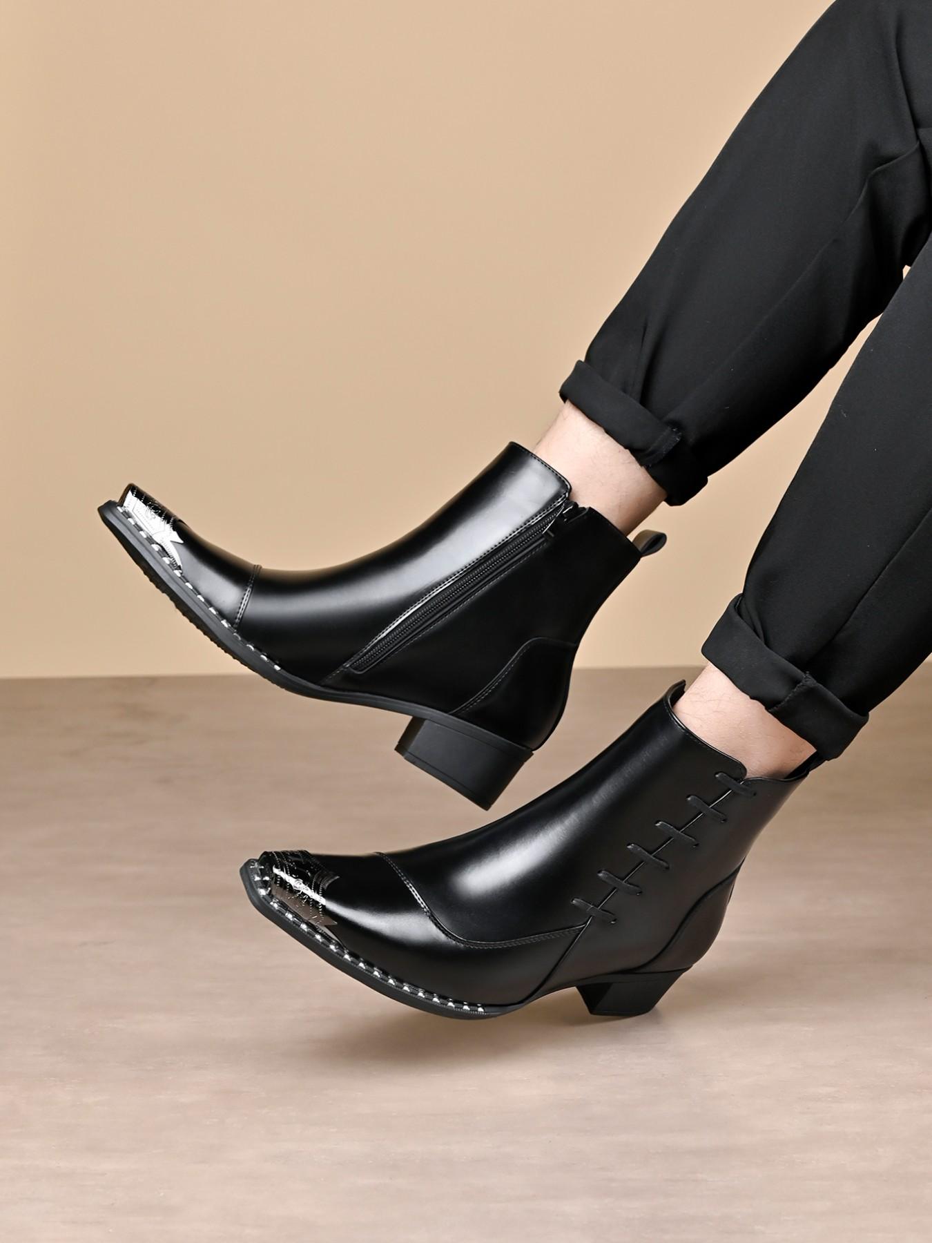 Men's British Style High Heel Pointed Toe Short Boots, Business Casual Fashion Low Heel Rubber Sole, Office Daily Wear