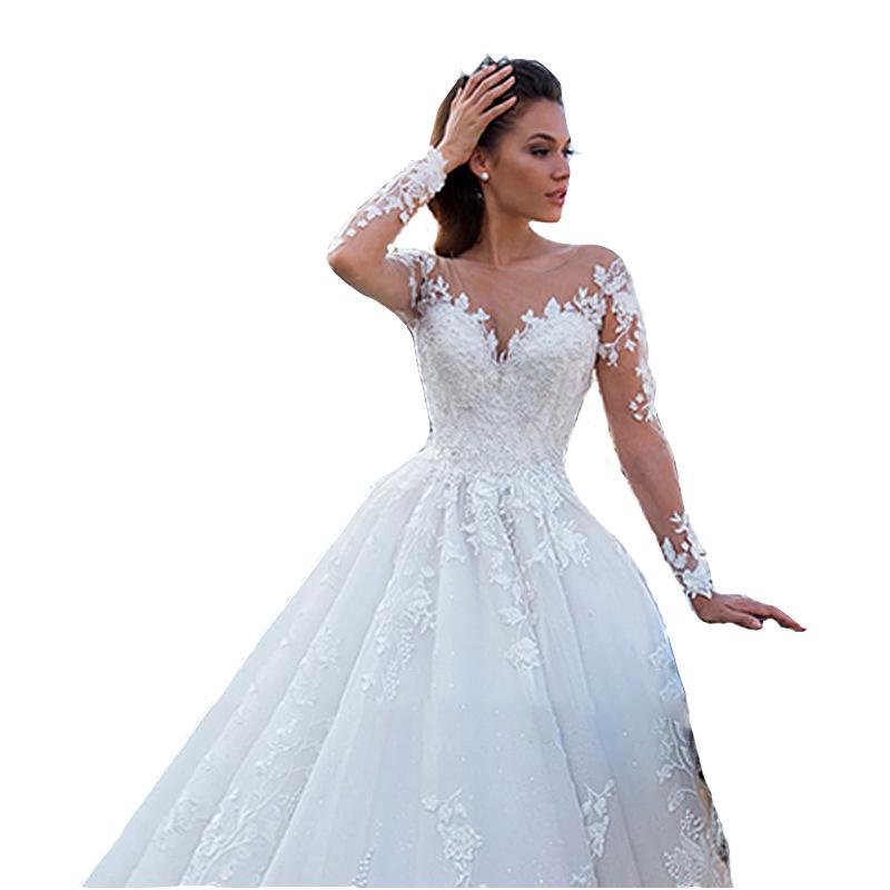 Women's 2026 Vintage Floral Sexy Sheer Tulle Long-Sleeve Bridal Dress - Full-Sleeves Wedding Dress with Chapel Train for Wedding Ceremony, Bridal Photoshoot, Longsleeves, Wedding Dresses