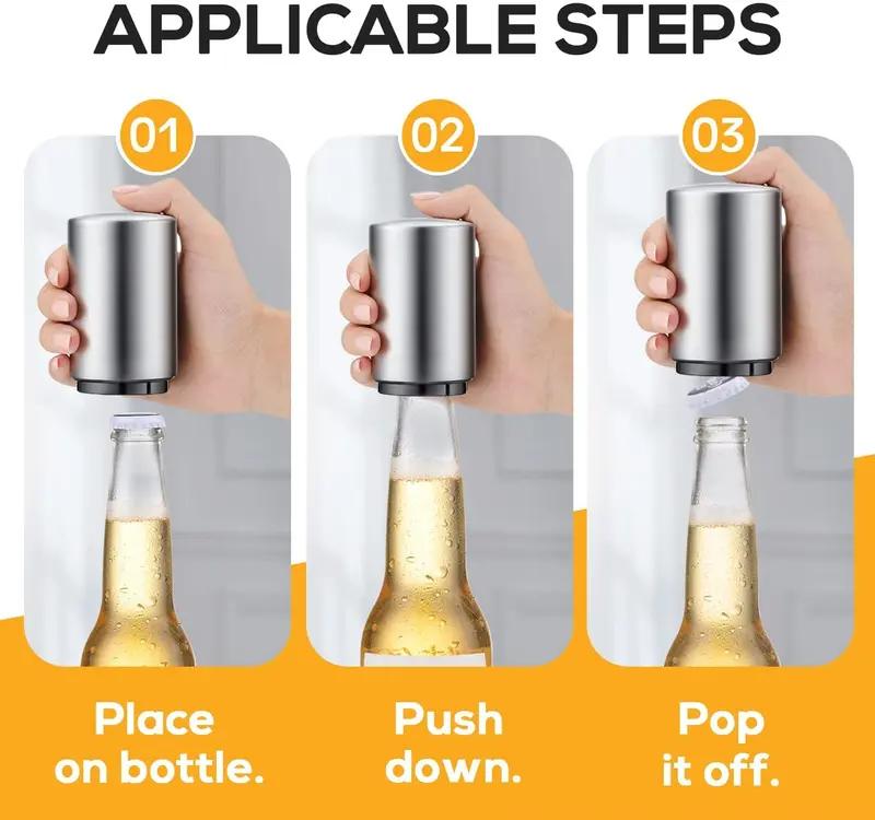 3 Pieces Automatic Magnetic Beer BottleOpener(StainlessSteel), Portable Pop the TopWVine Bottle Cap Catcher, QuickOpen, NoDamage Push Down Bartender Tools for Bar,HomeKitchen, Party,Restaurant Utensils Traditional Buy 2 Get 1 Free-（3-Pack）