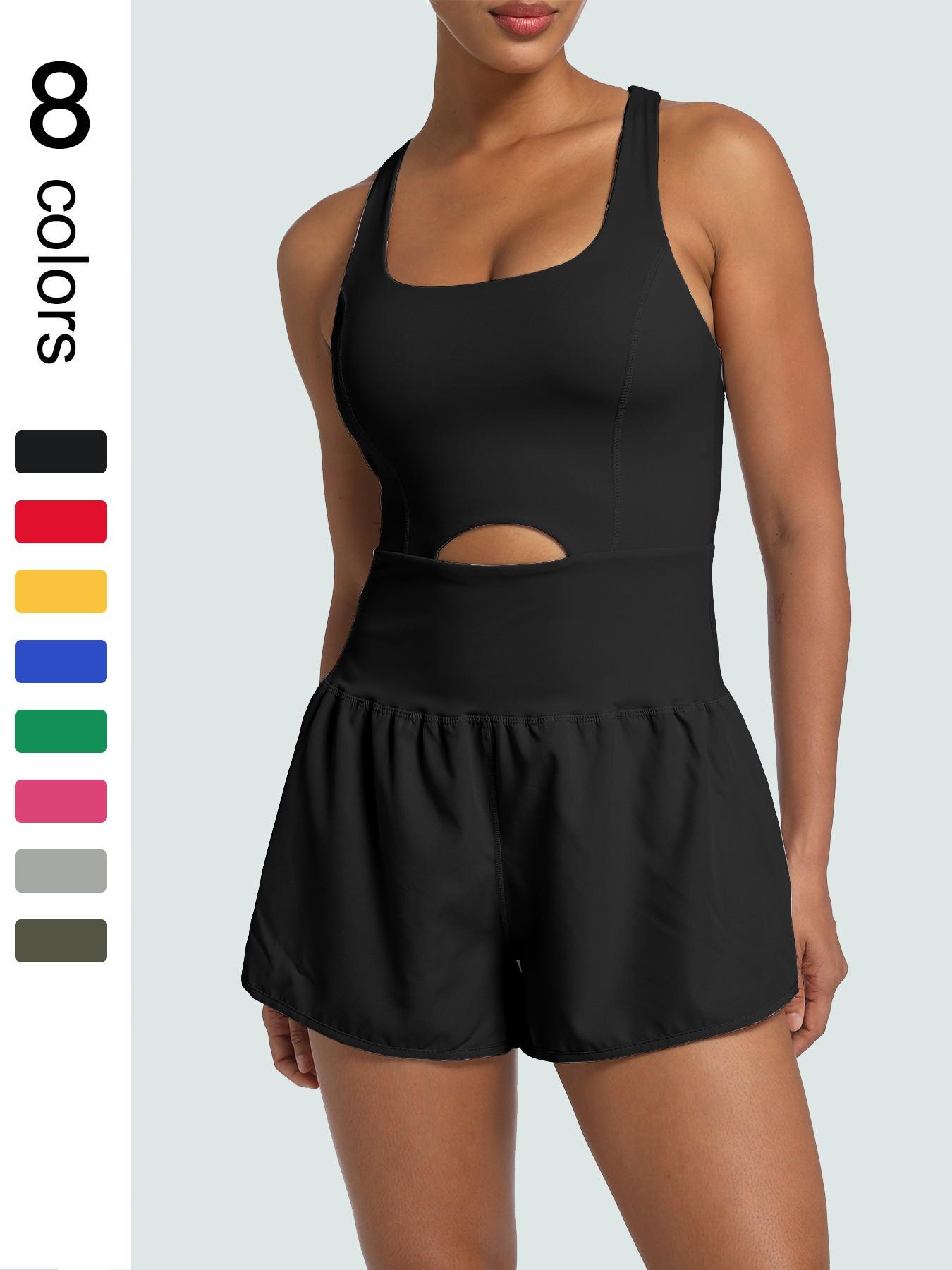 Women's Solid Color Cut Out Sports Romper, Sporty Romper, Casual Sleeveless Tank Romper, High Waisted Romper, Elastic Waist Romper, Workout Rompers, Exercise Rompers, Athletic Rompers for Yoga Gym Workout, Ladies Sportswear for All Seasons, Yoga Jumpsuits