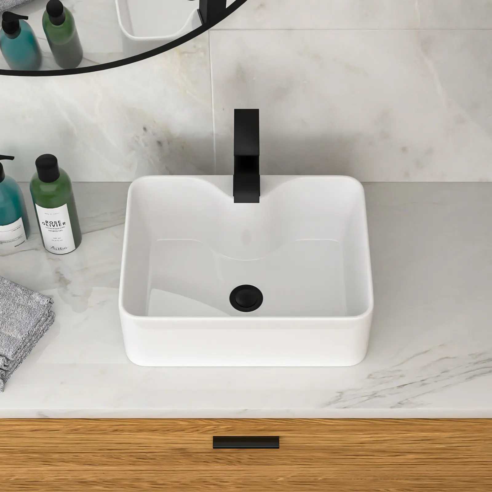 Nokaa 16x12 Inch White Ceramic Rectangular Vessel Bathroom Sink with Black Faucet and Black Drain, Modern Above Counter Basin for Vanity, Porcelain Sink Bowl for Powder Room or Guest Bath