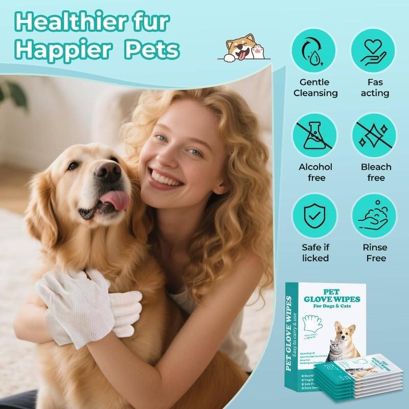 6-Count Pet Cleaning Deodorizing Glove Wipes, Rinse-Free Disposable Bathing Wipes, Hypoallergenic Unscented, Quick-Dry Grooming Wipes