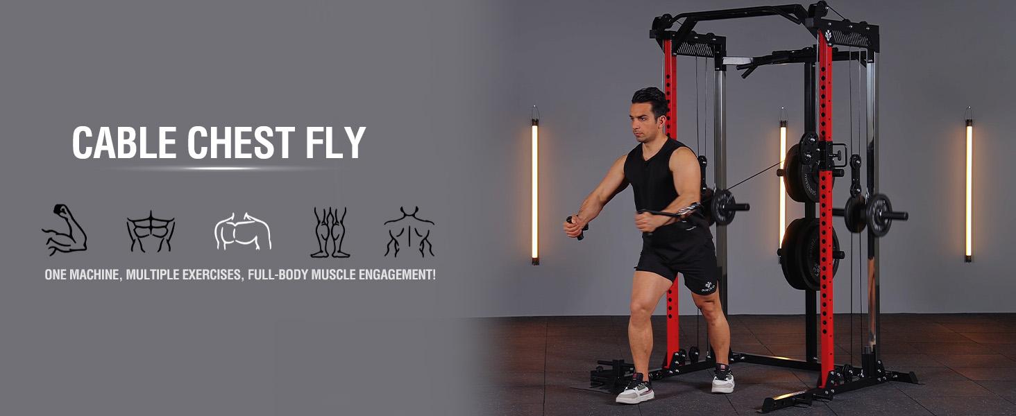 MIKOLO Power Cage, 2000LB Squat Rack, Dual Pulley Cable Crossover System, Multi-function Free Weight Home Gym Workout Machine with AttachmentsMIKOLO