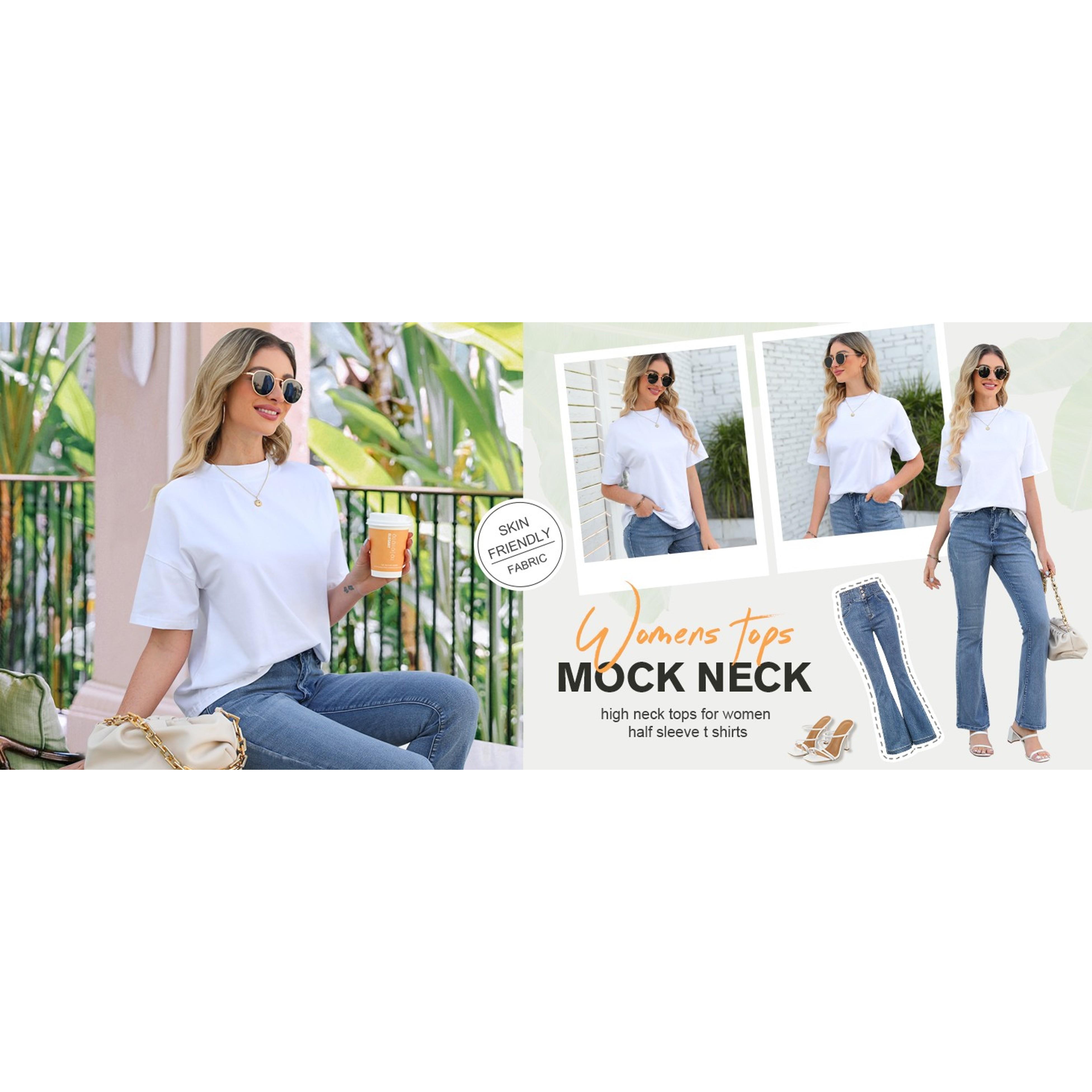 Women's Summer Casual Short Sleeve Mock Neck T-Shirts Loose Fit Basic Plain Tee Tops(Gift)