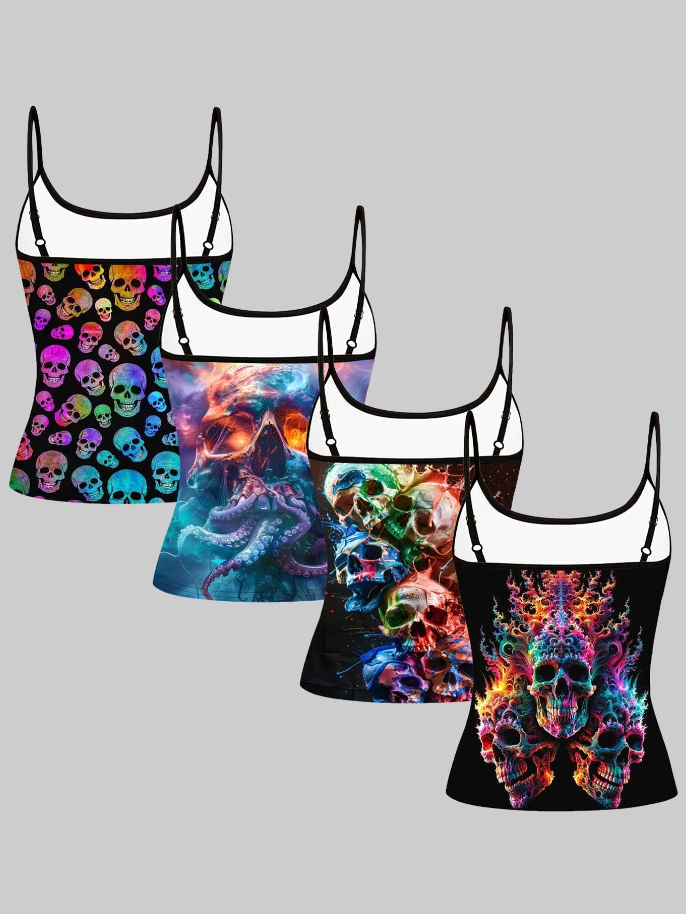 Vibrant Skull Octopus Print Strappy Top, Summer Home Sleepwear Outerwear, Unique Slim-Fit Shirt Set of Four Pieces