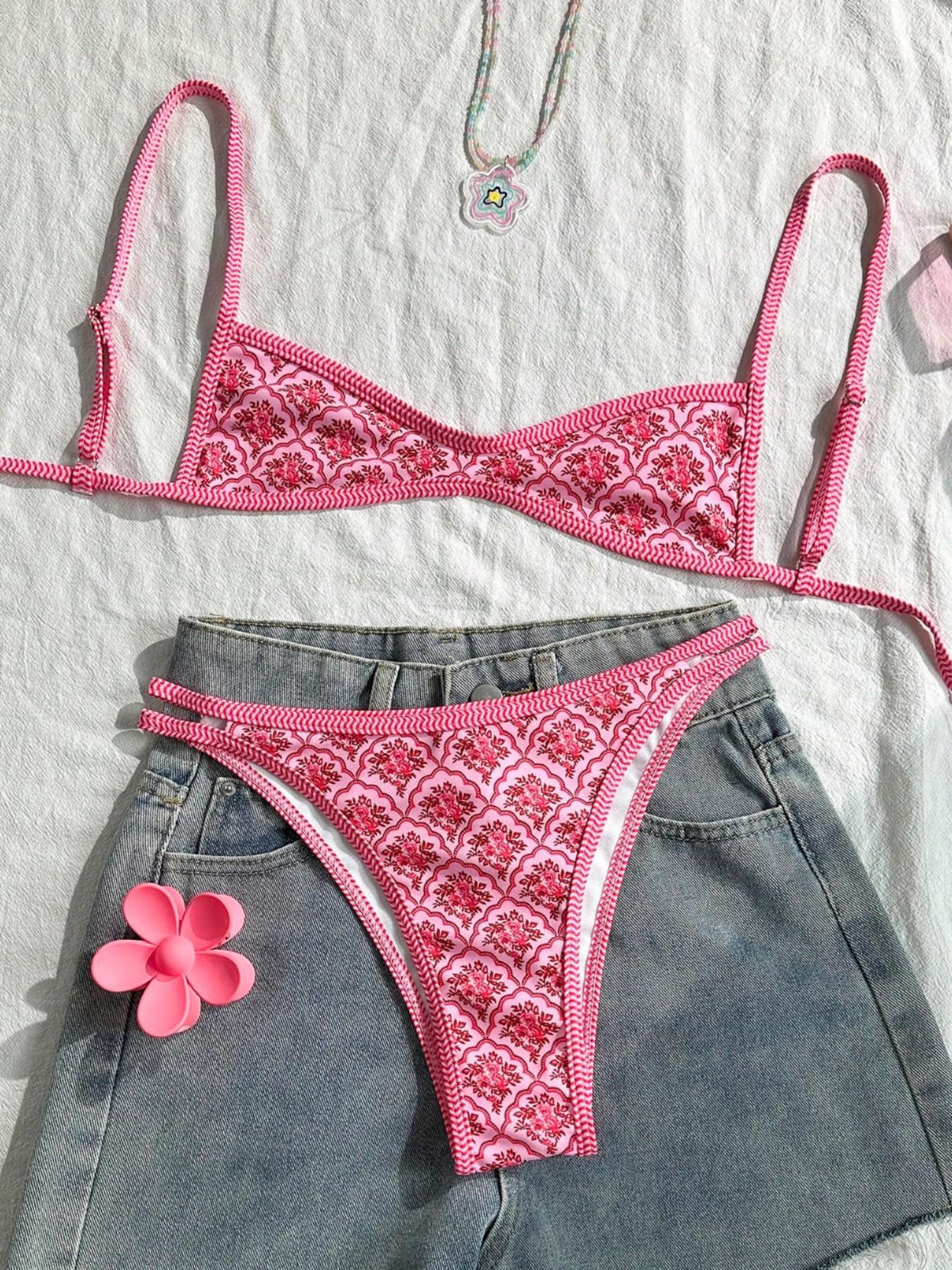 Women's Summer Floral Swimsuit Spaghetti Strap Sexy Beach Bikini Holiday Tight Casual Cute Playful Two Pieces Swimsuit