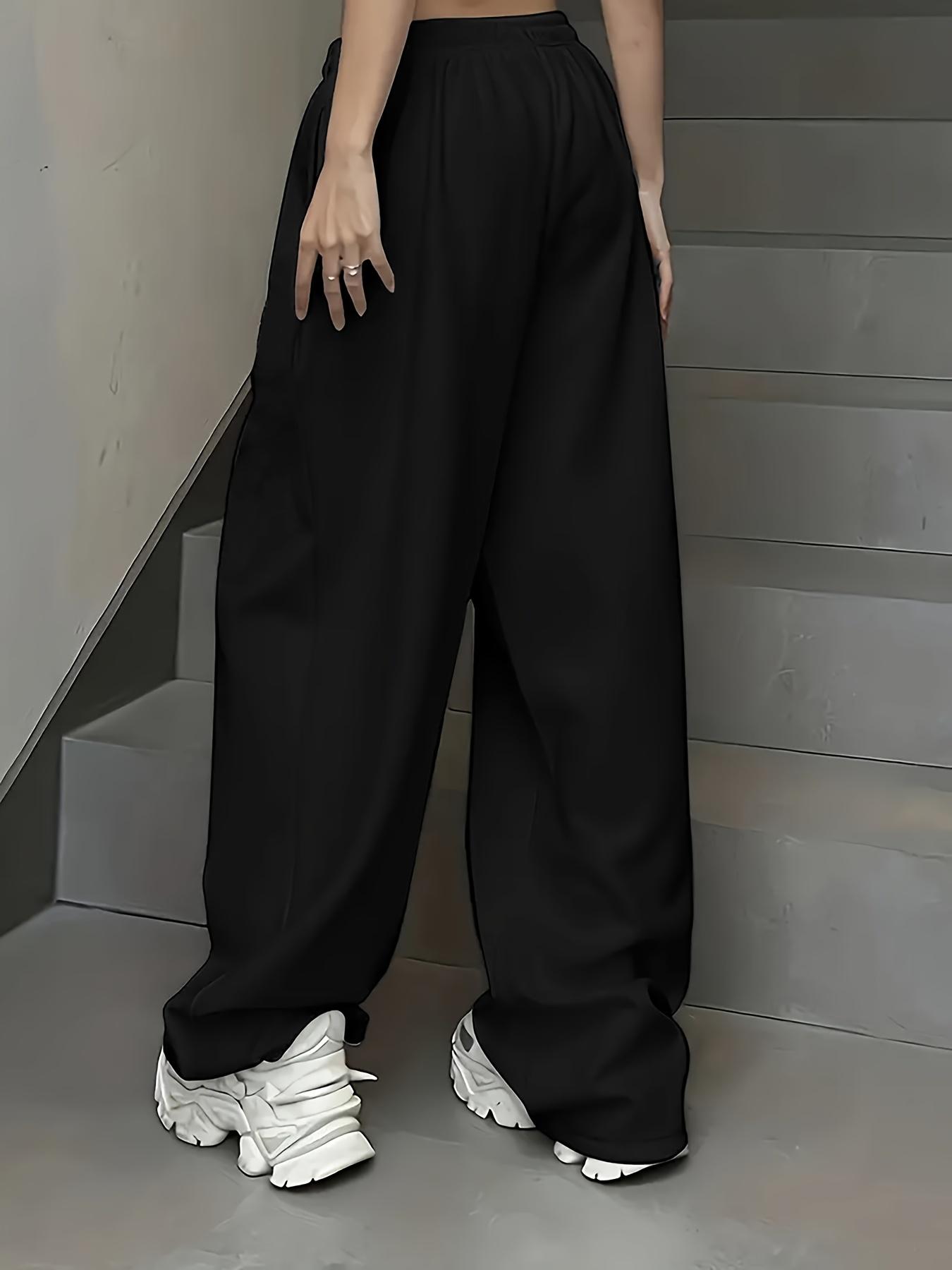 Casual Sports Pants, Elastic Waist Drawstring Wide Leg Straight Trousers, Four Seasons Pocket Women's Pants