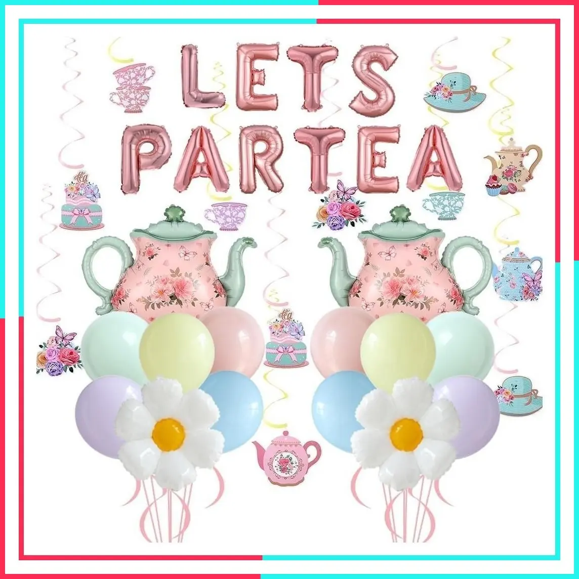 26Pcs Macaron Balloons with Foil Balloon Banner, Teacups and Teapot Hanging Swirls for Floral Spring Birthday Mother's Day Supplies