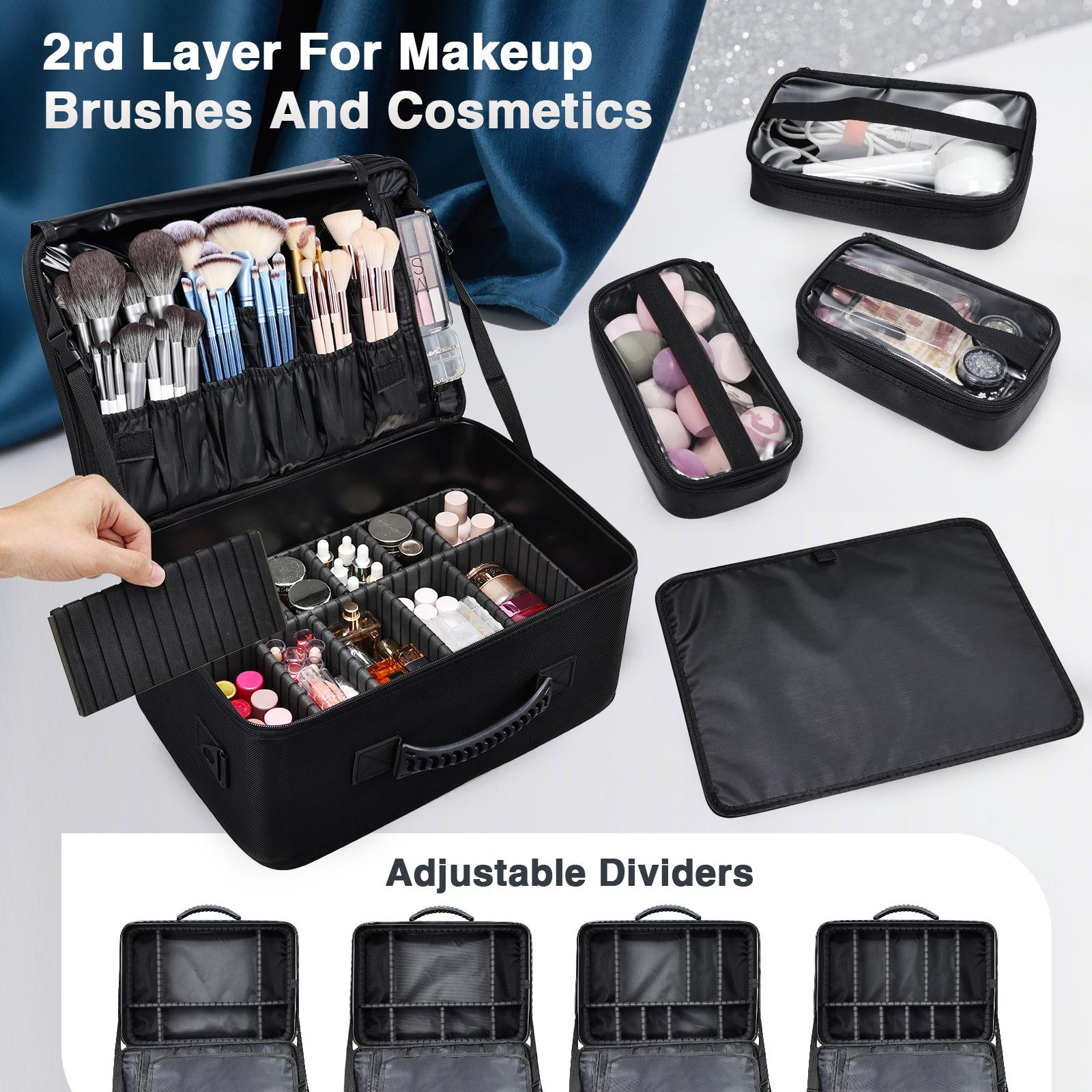 3 Layers Extra Large Makeup Case with Mirror 3 Clear Bags Shoulder Strap Trolley Sleeve Travel Train Case Professional Makeup Box Nail Organizer Salon Barber Suitcase