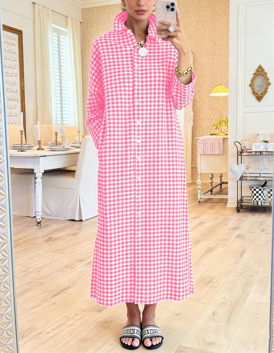 Women's Casual Loose Button Down Plaid Shirt Dress Long Sleeve Side Slit Cotton Gingham Maxi Dress