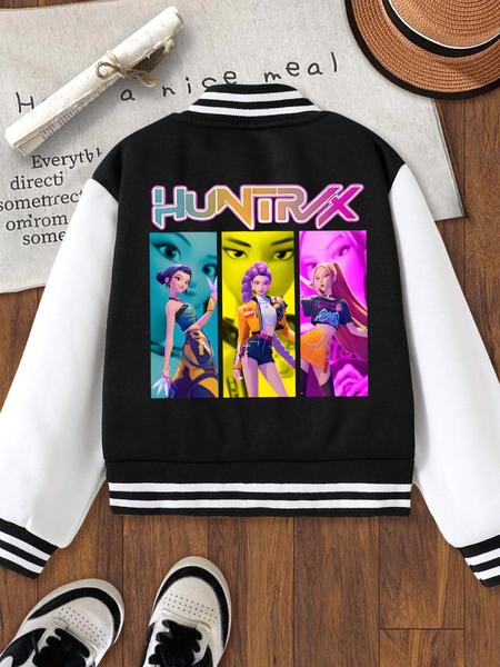 Girls' Halloween Christmas Short Baseball Jacket Coat, Casual Sports School Uniform, Elastic Fabric, Youth Fashion Outerwear, Fashion Fit Jacket