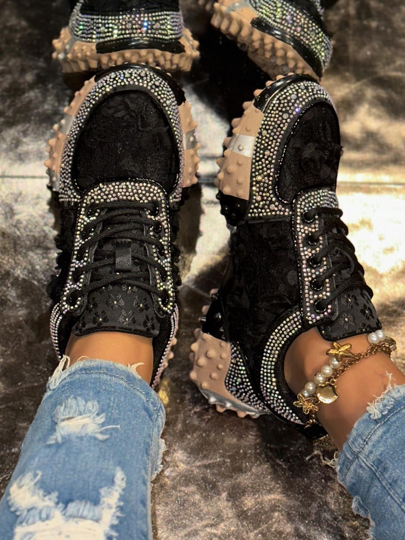 1 Pair, Lace Casual Sneakers with 3D Rose & Rhinestone Trim, Anti-slip Height Increasing Women Shoes in Sweet Fairy Style, Affordable Fashion Item, Versatile Footwear for Daily Outings