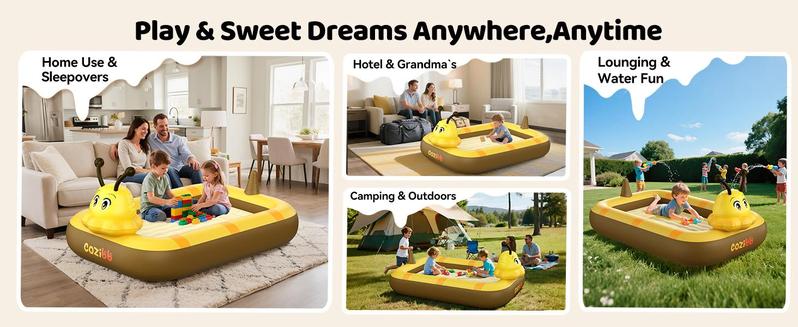 CoziBB Inflatable Toddler Travel Bed, Portable Travel Bed with Flocked Mattress, Built-in Pillow & Carry Bag, 4 Side Safety Bumpers for Toddlers