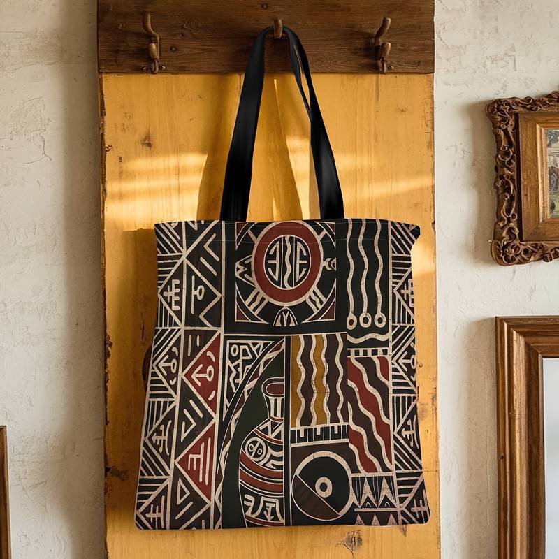Vintage African Art Geometric Pattern Canvas Bag, Teen Shopping Bag, Durable, Suitable for Daily Use and Beach, Spacious Design, Classic Style