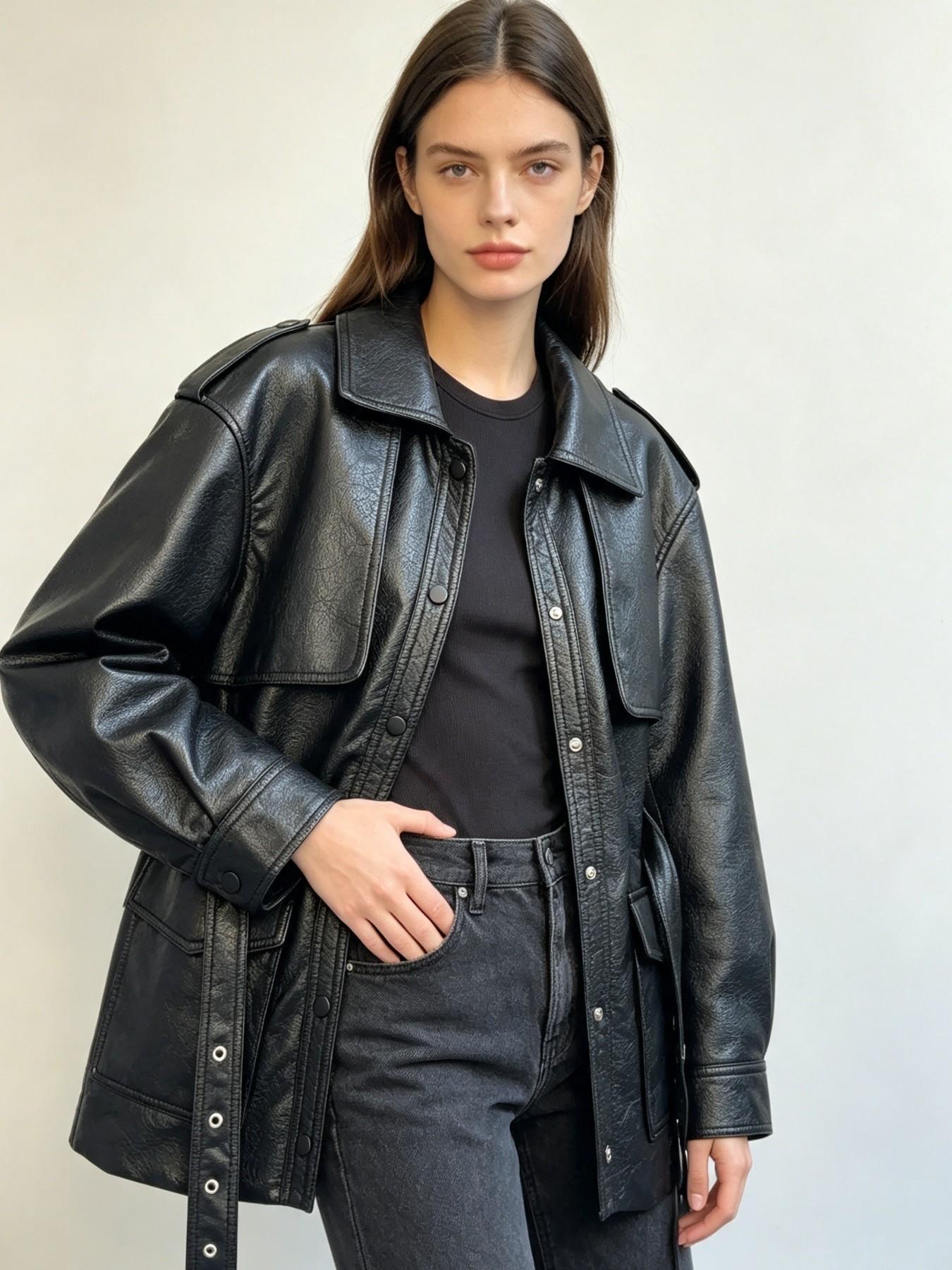 Vintage Style Women's Coat, Lapel Collar Shoulder Patch Design, Waist Belt, Multiple Pockets, Mid-Length, Commuter Jacket