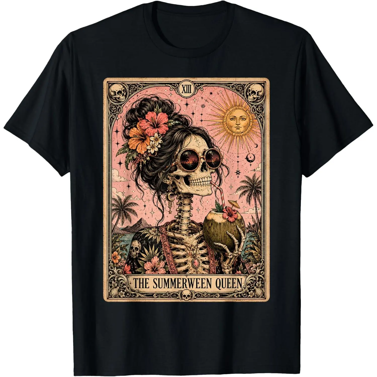 Men's Casual Short-Sleeve Cotton T-Shirt - Summerween Funny Skeleton Tarot Card Spooky Ghoul Prints, Breathable, Comfortable, Everyday Fit Day Wear