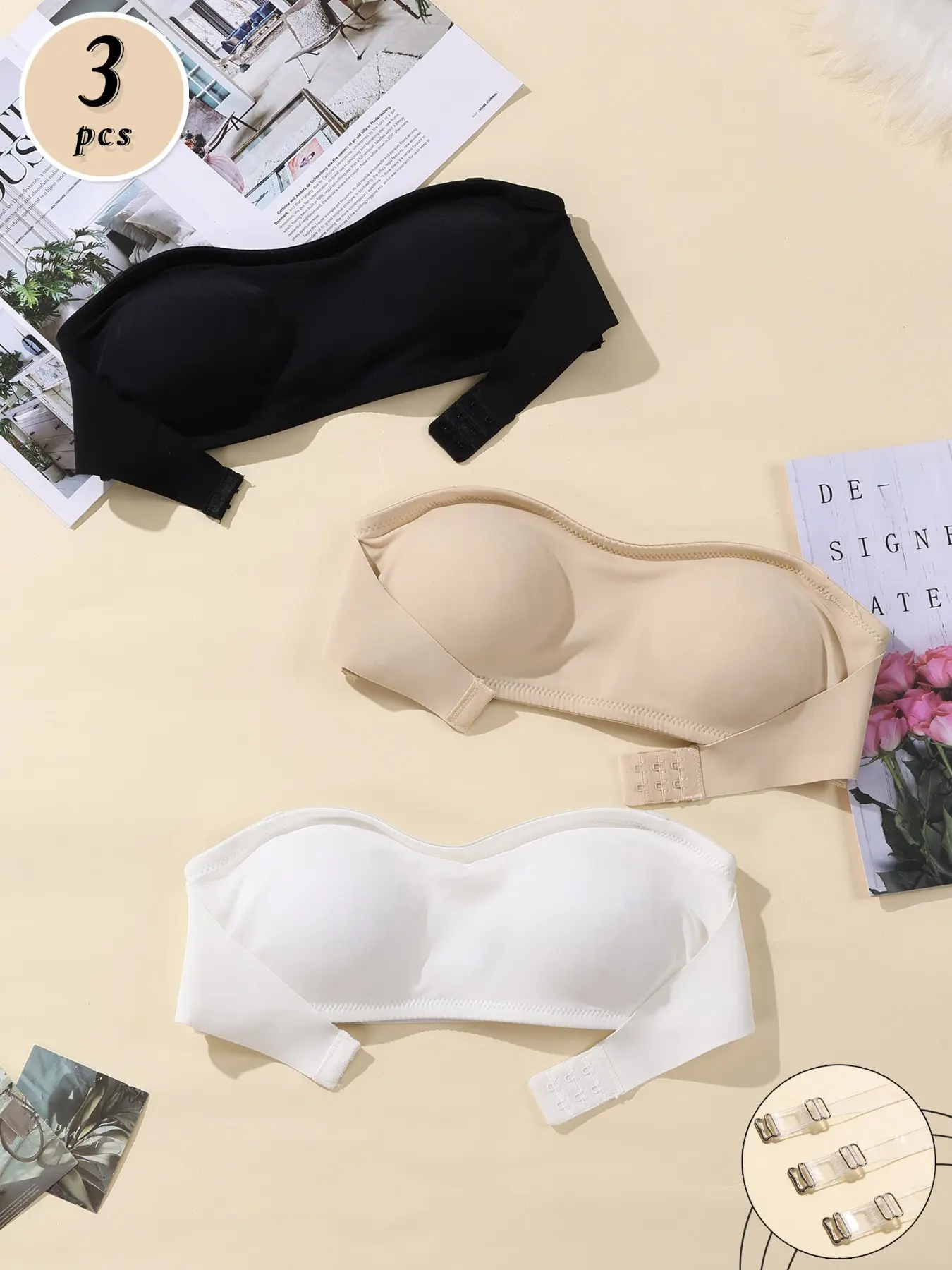 3 Pack Womens Strapless Bandeau Bra Set, Non-Slip Silicone Lining Invisible Seamless Molded Cup, Convertible Strap Everyday Lingerie, Fit