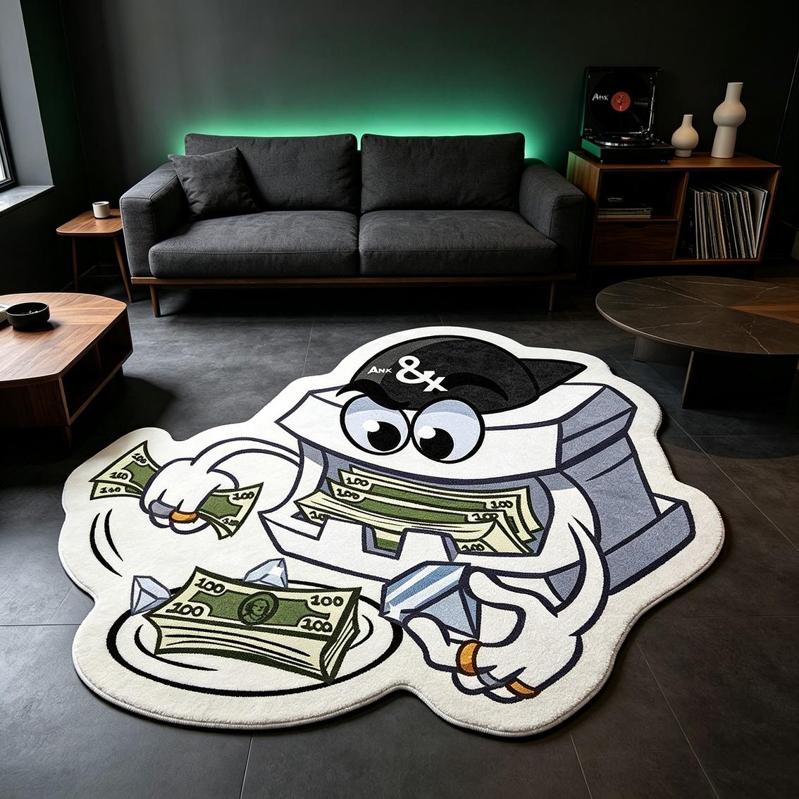 Cartoon treasure chest character alien carpet, plush floor mat with banknote diamond pattern, anti slip decorative floor mat for the bedroom with the theme of sudden wealth, Modern indoor rug