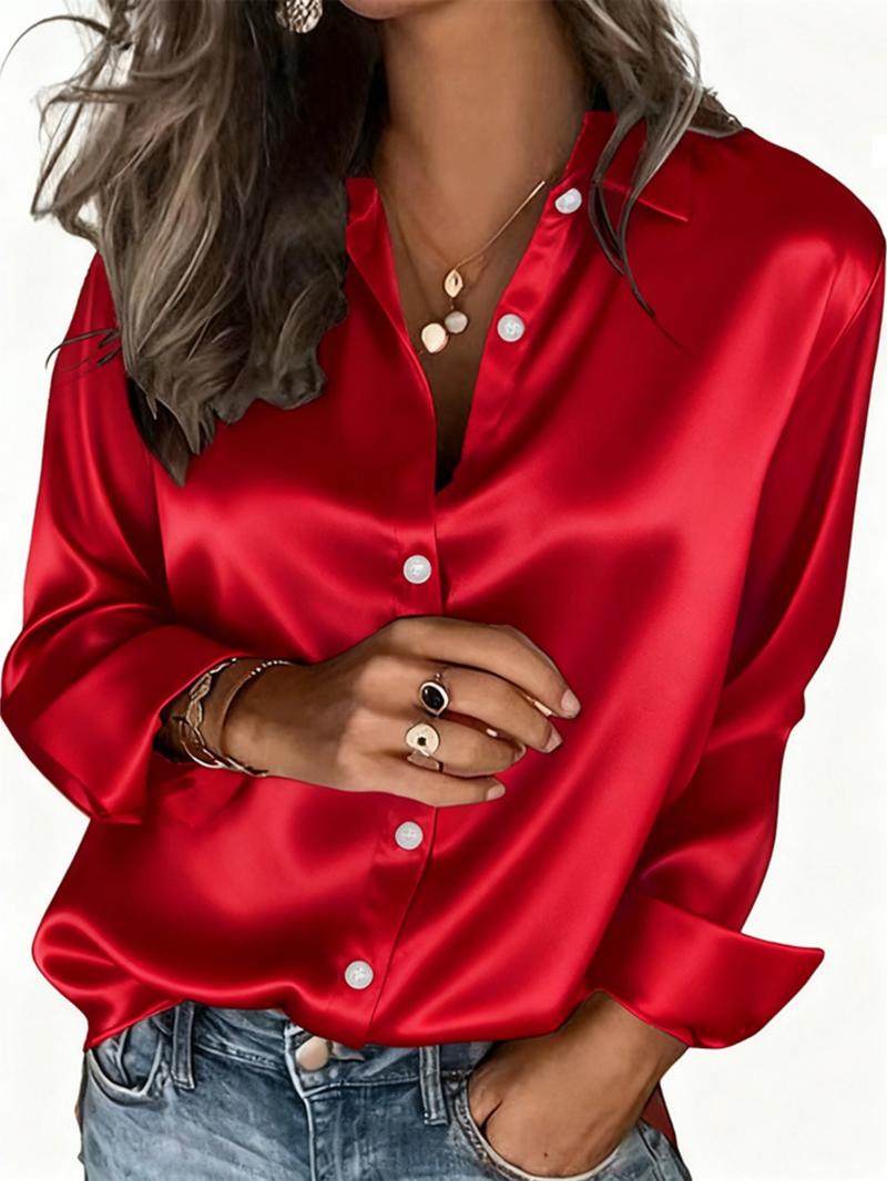 New Women's Clothing for All Seasons: Fashionable Light-Sensitive Satin, Casual and Versatile Button-Down Shirt Blouse