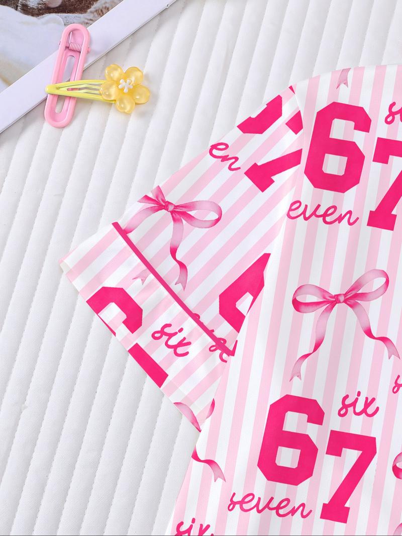 Striped Pajama Set, Fire-Retardant Button-Front Shirt & Elastic-Waist Shorts, Casual Cartoon Print Sleepwear