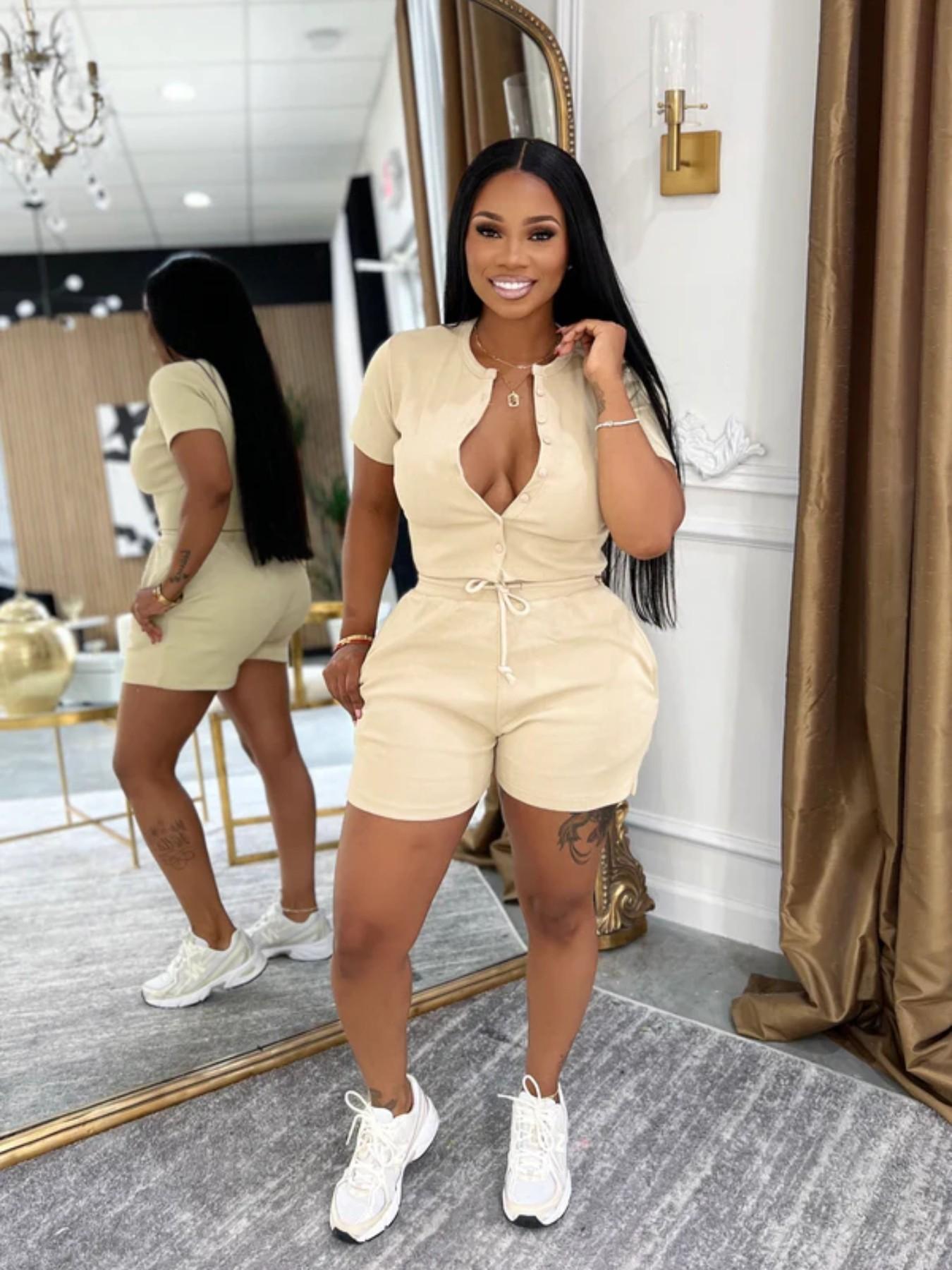 Women's Summer Casual 2-Piece Set Clothes, Short Sleeve Button-Up Top, High-Waisted Drawstring Shorts, Comfortable Slim Fit, Daily Wear, Matching Shorts Set