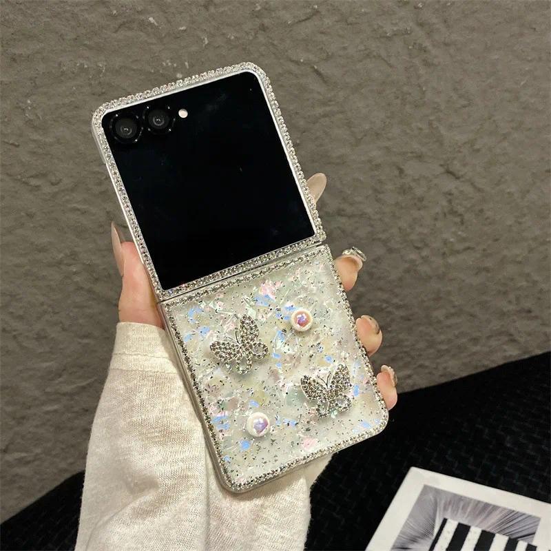 Luxury 3D Butterfly Diamond Shell Pattern Phone Case For Samsung Galaxy Z Flip 3 4 5 6 7 FE With Wrist Chain Shockproof Cover