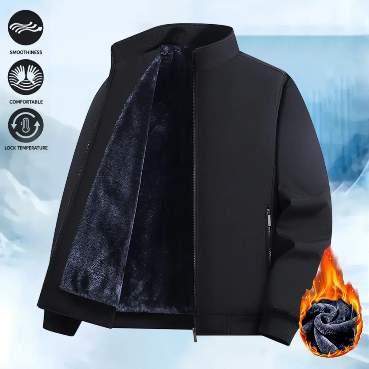 Men’s Zip Up Stand Collar Fleece Lined Winter Bomber Jacket, Thermal Heat Retention Design, Soft Plush Inner Lining, Windproof Smooth Outer Fabric, Zippered Side Pockets, Warm Insulated Outerwear for Daily Business Casual & Cold Season Outdoor Activities