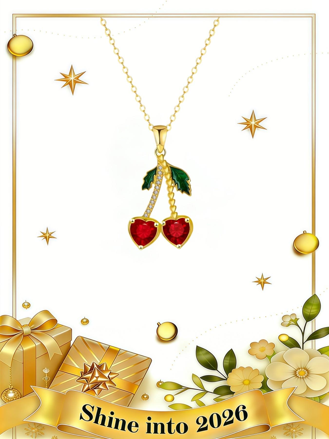 Sakura Diamond Golden Glow · Eternal Shine | New Spring & Summer Fresh Pastoral Cherry Pendant, Unique Sweet Fashion Gem Necklace with Preserved Rose Gift Box, Daily Wear Essential, Perfect for All Festivals